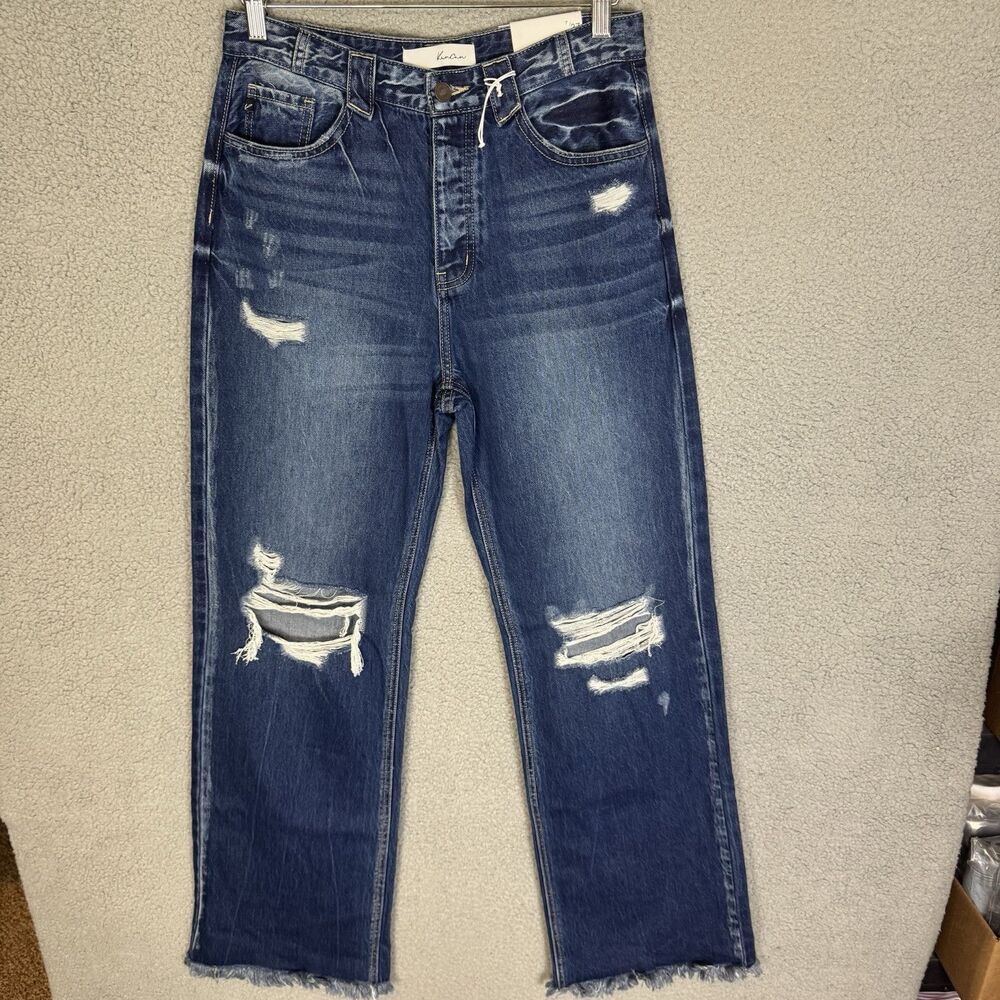 KanCan Jeans Womens‎ 7/27 Blue Mid Rise Flare Raw Hem Distressed Stretch Denim